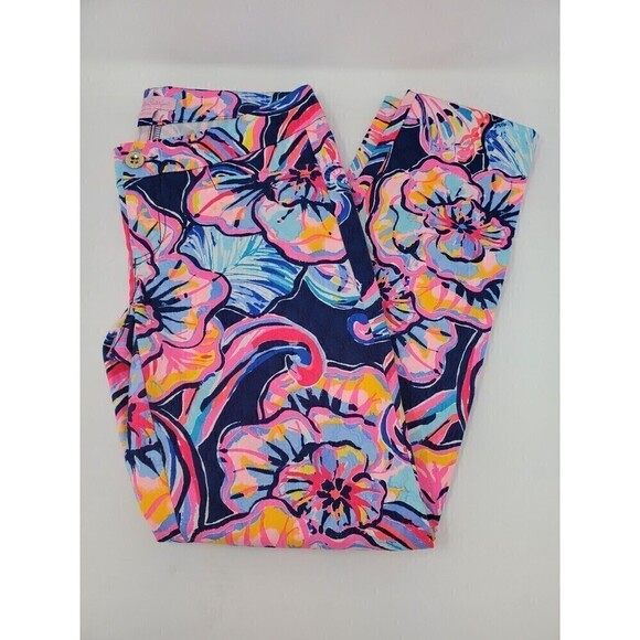 LILLY PULITZER KELLY SKINNY ANKLE PANTS NAVY BLUE BRIGHT PINK FLORAL WOMEN 0 - Picture 4 of 16